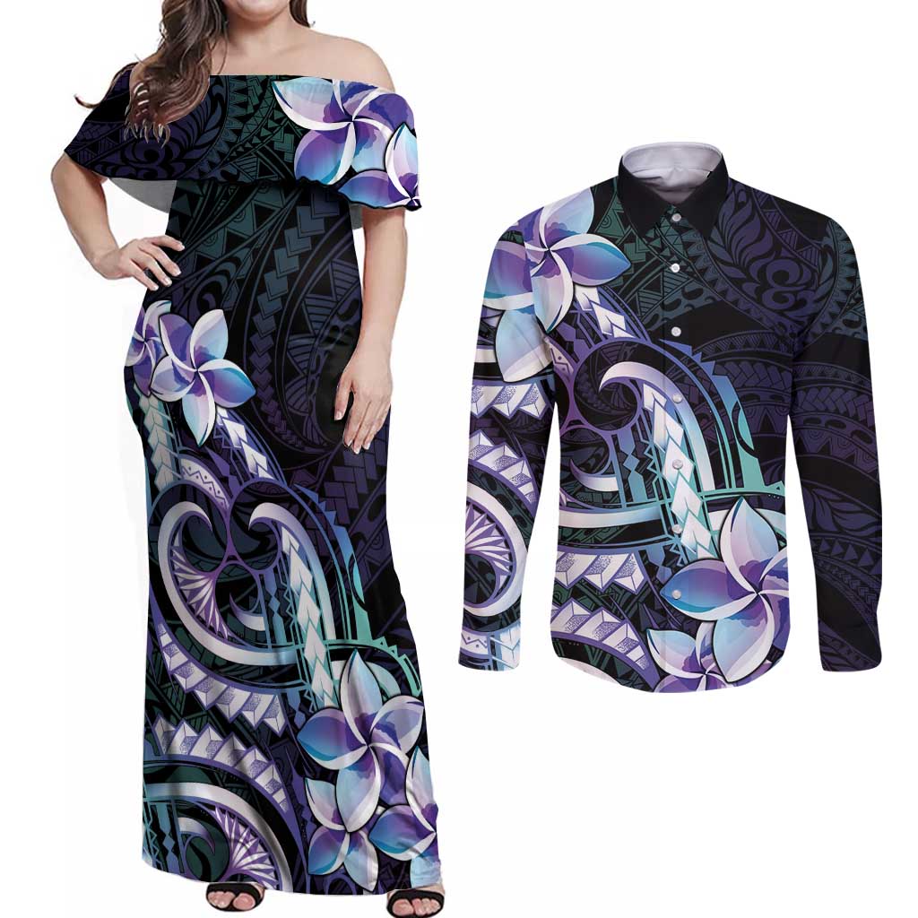 Polynesian Art Tattoo Couples Matching Off Shoulder Maxi Dress and Long Sleeve Button Shirt Plumeria Flowers Turquoise Gradient
