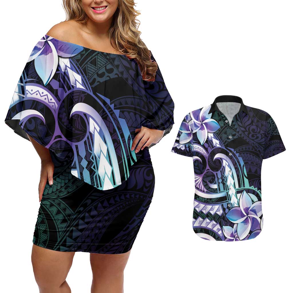 Polynesian Art Tattoo Couples Matching Off Shoulder Short Dress and Hawaiian Shirt Plumeria Flowers Turquoise Gradient
