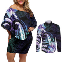 Polynesian Art Tattoo Couples Matching Off Shoulder Short Dress and Long Sleeve Button Shirt Plumeria Flowers Turquoise Gradient