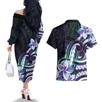 Polynesian Art Tattoo Couples Matching Off The Shoulder Long Sleeve Dress and Hawaiian Shirt Plumeria Flowers Turquoise Gradient