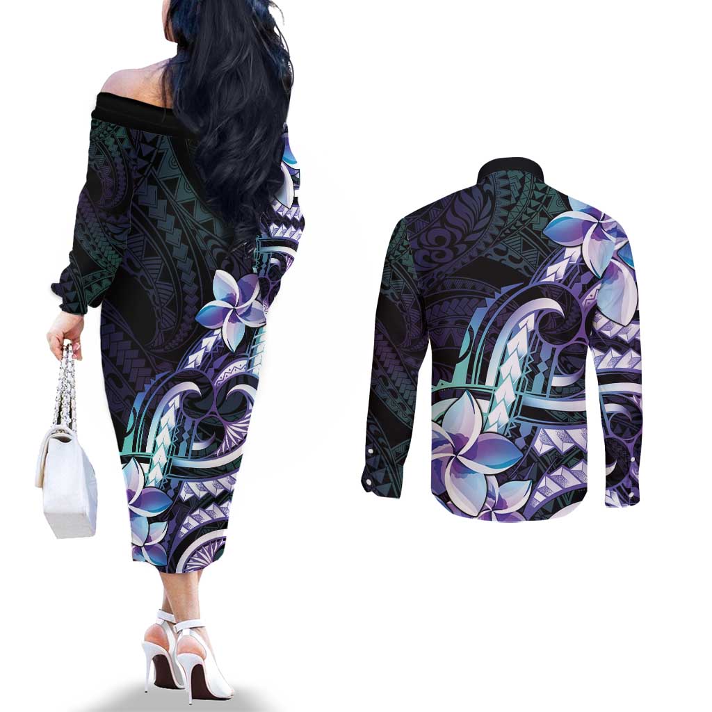 Polynesian Art Tattoo Couples Matching Off The Shoulder Long Sleeve Dress and Long Sleeve Button Shirt Plumeria Flowers Turquoise Gradient