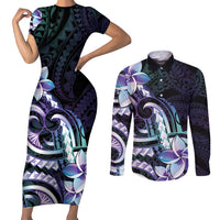 Polynesian Art Tattoo Couples Matching Short Sleeve Bodycon Dress and Long Sleeve Button Shirt Plumeria Flowers Turquoise Gradient