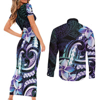 Polynesian Art Tattoo Couples Matching Short Sleeve Bodycon Dress and Long Sleeve Button Shirt Plumeria Flowers Turquoise Gradient