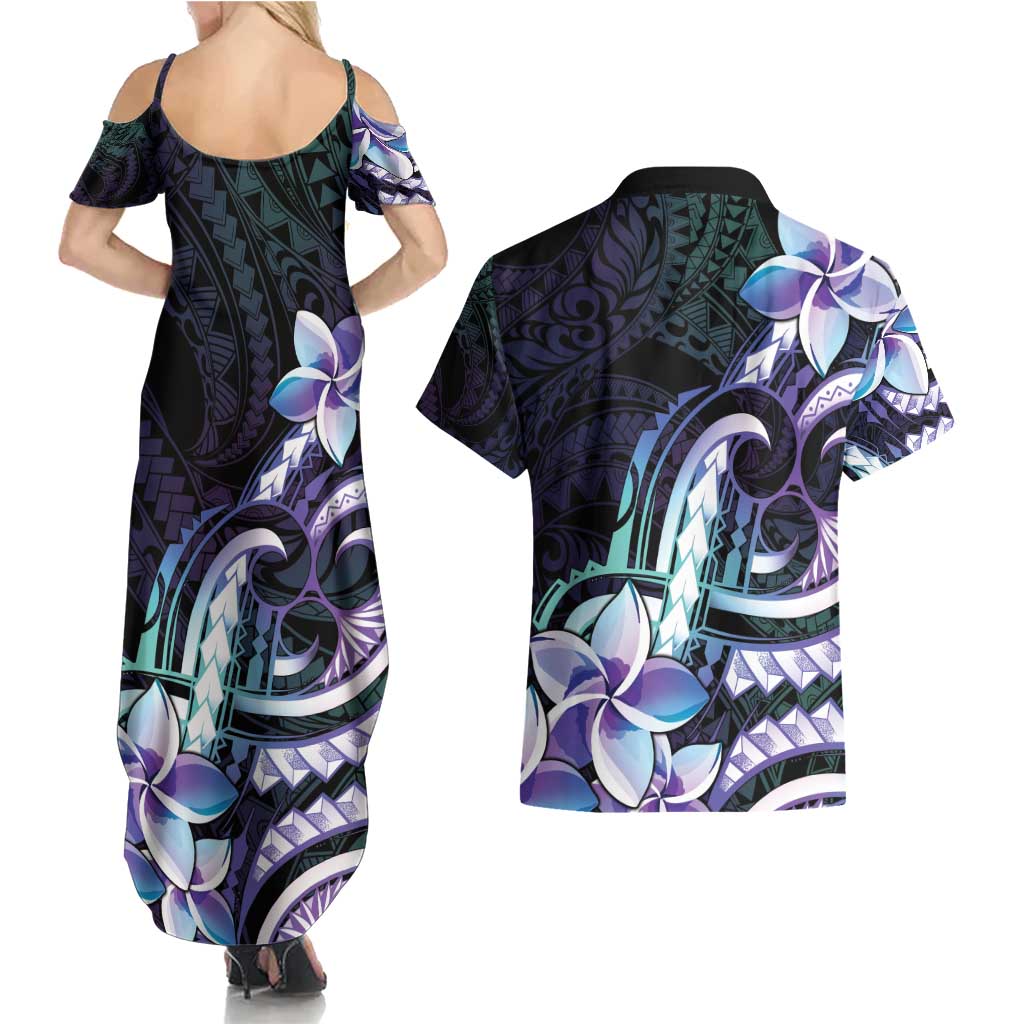 Polynesian Art Tattoo Couples Matching Summer Maxi Dress and Hawaiian Shirt Plumeria Flowers Turquoise Gradient