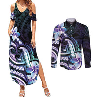 Polynesian Art Tattoo Couples Matching Summer Maxi Dress and Long Sleeve Button Shirt Plumeria Flowers Turquoise Gradient