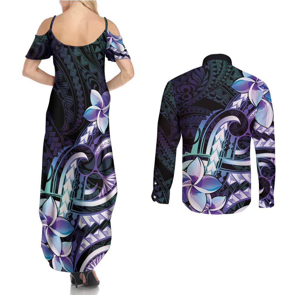 Polynesian Art Tattoo Couples Matching Summer Maxi Dress and Long Sleeve Button Shirt Plumeria Flowers Turquoise Gradient