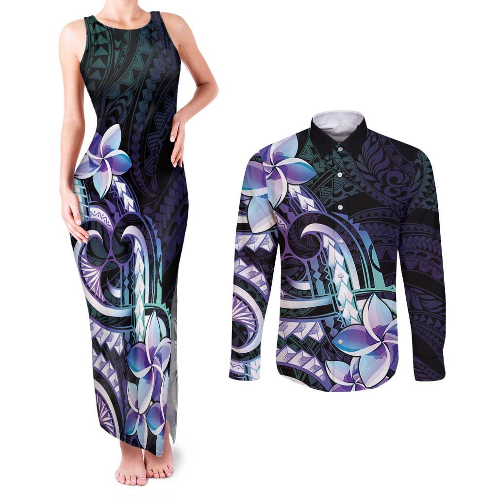 Polynesian Art Tattoo Couples Matching Tank Maxi Dress and Long Sleeve Button Shirt Plumeria Flowers Turquoise Gradient