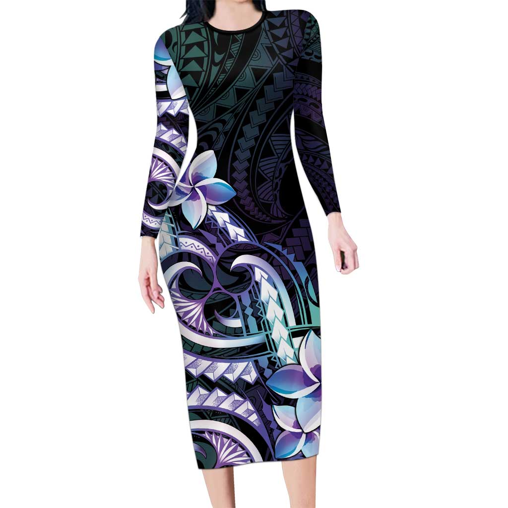 Polynesian Art Tattoo Family Matching Long Sleeve Bodycon Dress and Hawaiian Shirt Plumeria Flowers Turquoise Gradient