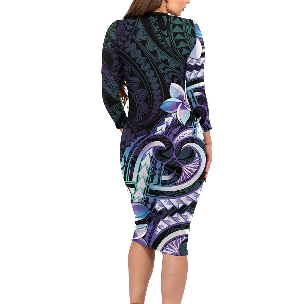 Polynesian Art Tattoo Family Matching Long Sleeve Bodycon Dress and Hawaiian Shirt Plumeria Flowers Turquoise Gradient