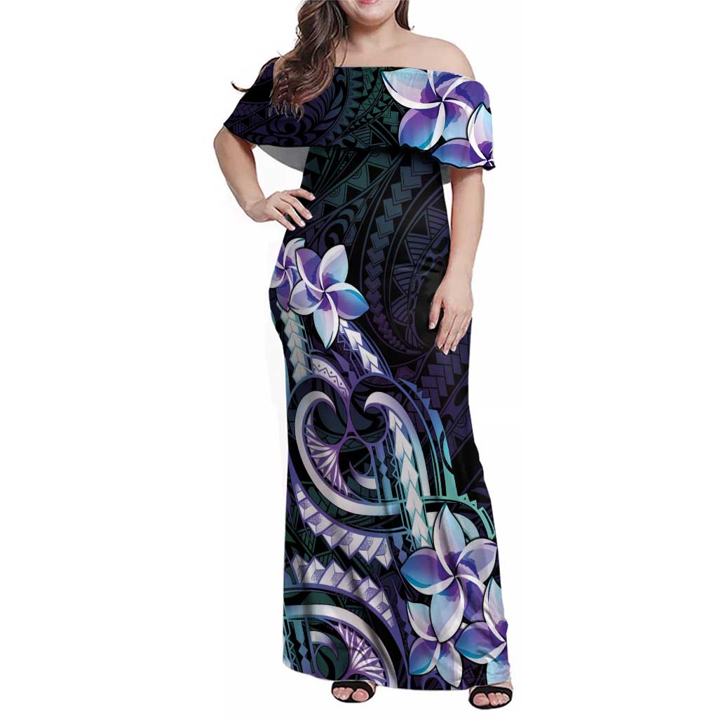 Polynesian Art Tattoo Family Matching Off Shoulder Maxi Dress and Hawaiian Shirt Plumeria Flowers Turquoise Gradient