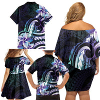 Polynesian Art Tattoo Family Matching Off Shoulder Short Dress and Hawaiian Shirt Plumeria Flowers Turquoise Gradient