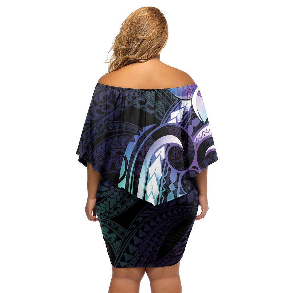 Polynesian Art Tattoo Family Matching Off Shoulder Short Dress and Hawaiian Shirt Plumeria Flowers Turquoise Gradient