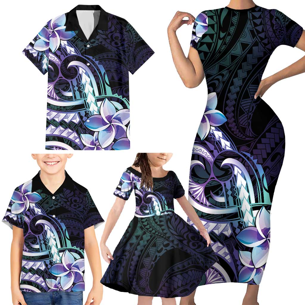Polynesian Art Tattoo Family Matching Short Sleeve Bodycon Dress and Hawaiian Shirt Plumeria Flowers Turquoise Gradient
