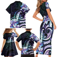 Polynesian Art Tattoo Family Matching Short Sleeve Bodycon Dress and Hawaiian Shirt Plumeria Flowers Turquoise Gradient