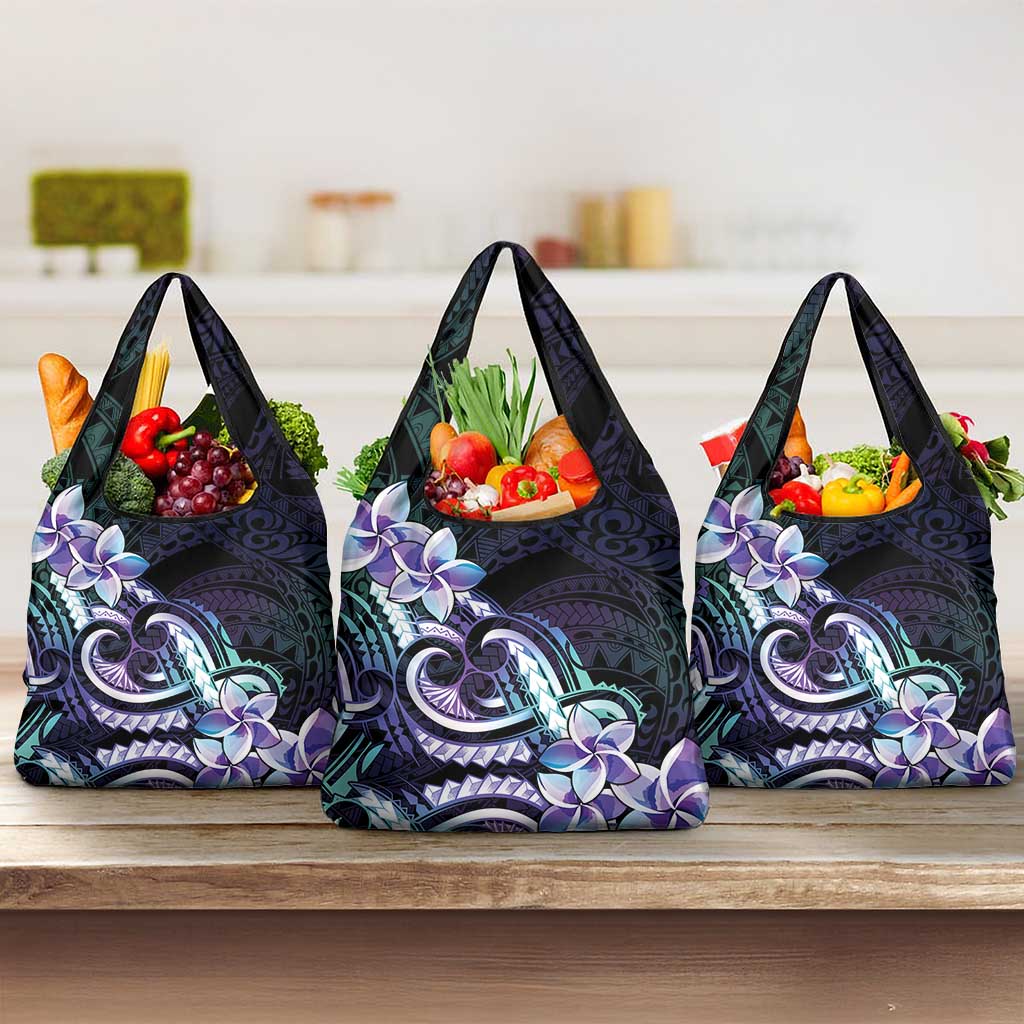 Polynesian Art Tattoo Grocery Bag Plumeria Flowers Turquoise Gradient