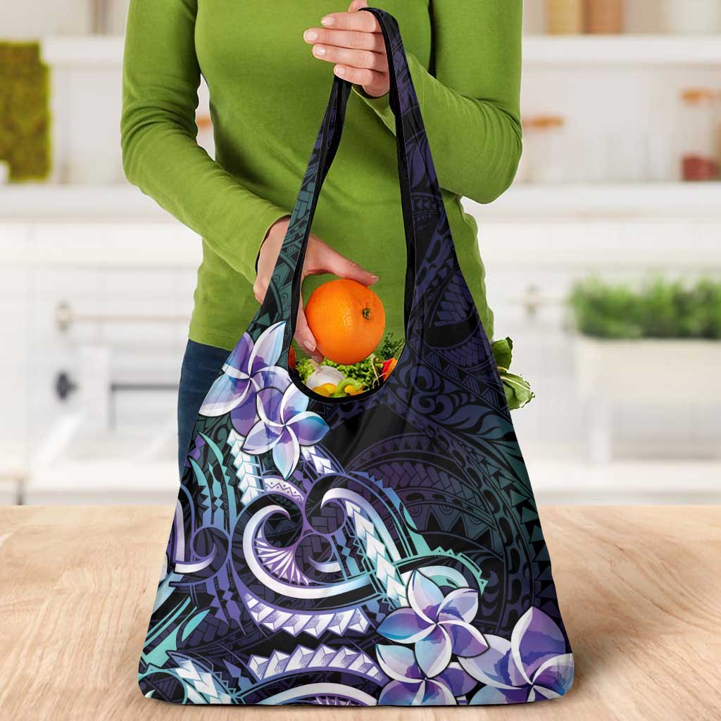 Polynesian Art Tattoo Grocery Bag Plumeria Flowers Turquoise Gradient