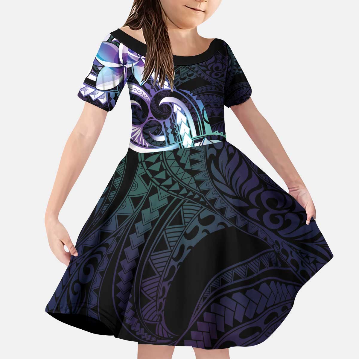 Polynesian Art Tattoo Kid Short Sleeve Dress Plumeria Flowers Turquoise Gradient LT05 KID Turquoise - Polynesian Pride