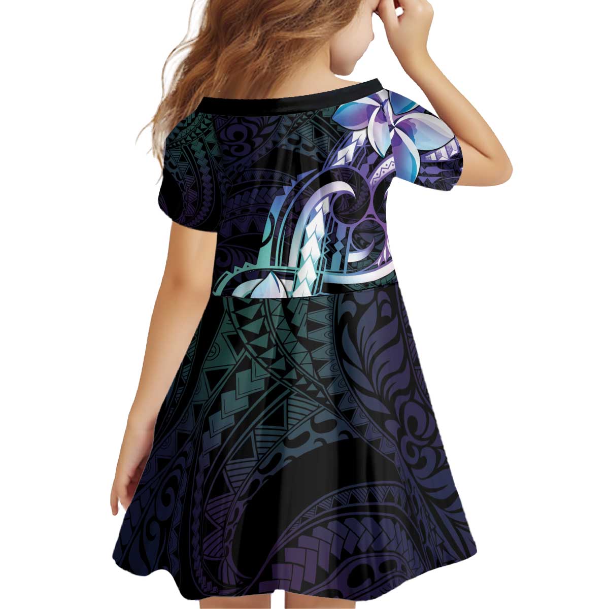 Polynesian Art Tattoo Kid Short Sleeve Dress Plumeria Flowers Turquoise Gradient
