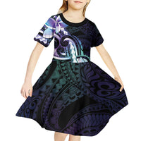 Polynesian Art Tattoo Kid Short Sleeve Dress Plumeria Flowers Turquoise Gradient