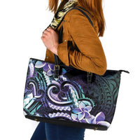 Polynesian Art Tattoo Leather Tote Bag Plumeria Flowers Turquoise Gradient