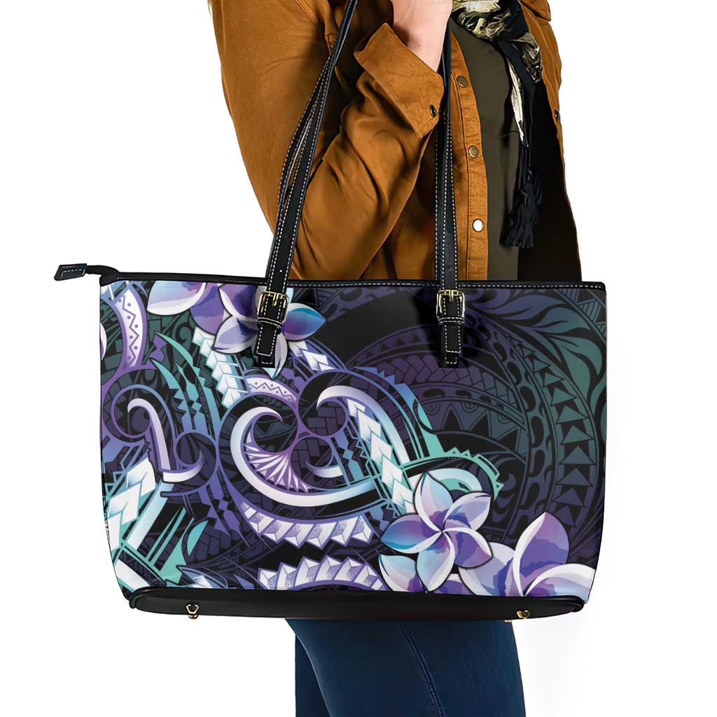 Polynesian Art Tattoo Leather Tote Bag Plumeria Flowers Turquoise Gradient