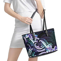 Polynesian Art Tattoo Leather Tote Bag Plumeria Flowers Turquoise Gradient