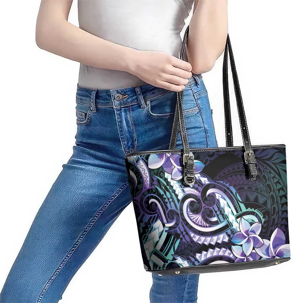 Polynesian Art Tattoo Leather Tote Bag Plumeria Flowers Turquoise Gradient
