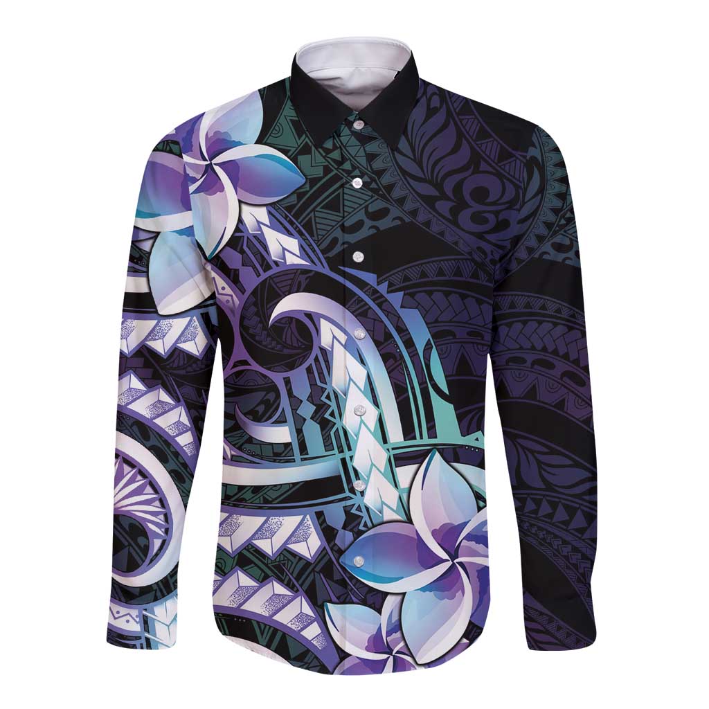 Polynesian Art Tattoo Long Sleeve Button Shirt Plumeria Flowers Turquoise Gradient LT05 Unisex Turquoise - Polynesian Pride