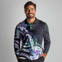 Polynesian Art Tattoo Long Sleeve Polo Shirt Plumeria Flowers Turquoise Gradient