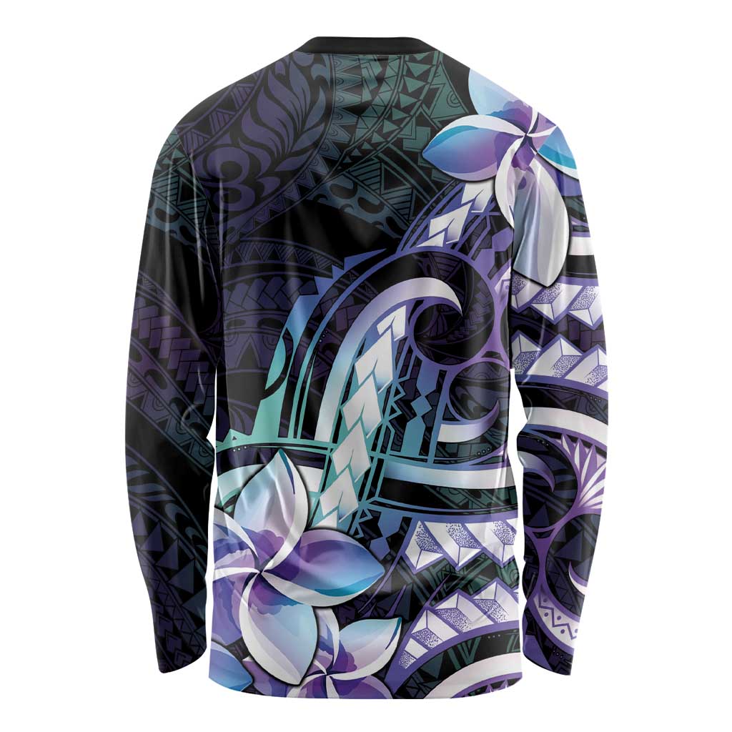 Polynesian Art Tattoo Long Sleeve Shirt Plumeria Flowers Turquoise Gradient