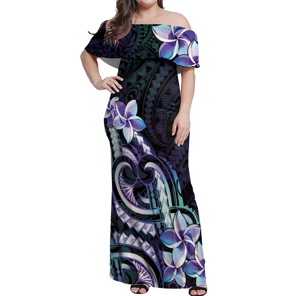 Polynesian Art Tattoo Off Shoulder Maxi Dress Plumeria Flowers Turquoise Gradient LT05 Women Turquoise - Polynesian Pride