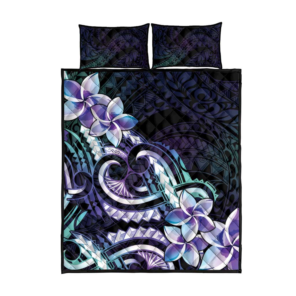 Polynesian Art Tattoo Quilt Bed Set Plumeria Flowers Turquoise Gradient
