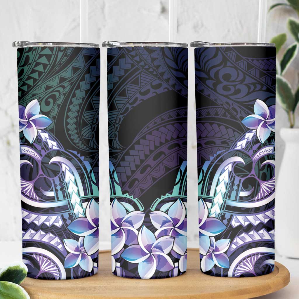 Polynesian Art Tattoo Skinny Tumbler Plumeria Flowers Turquoise Gradient
