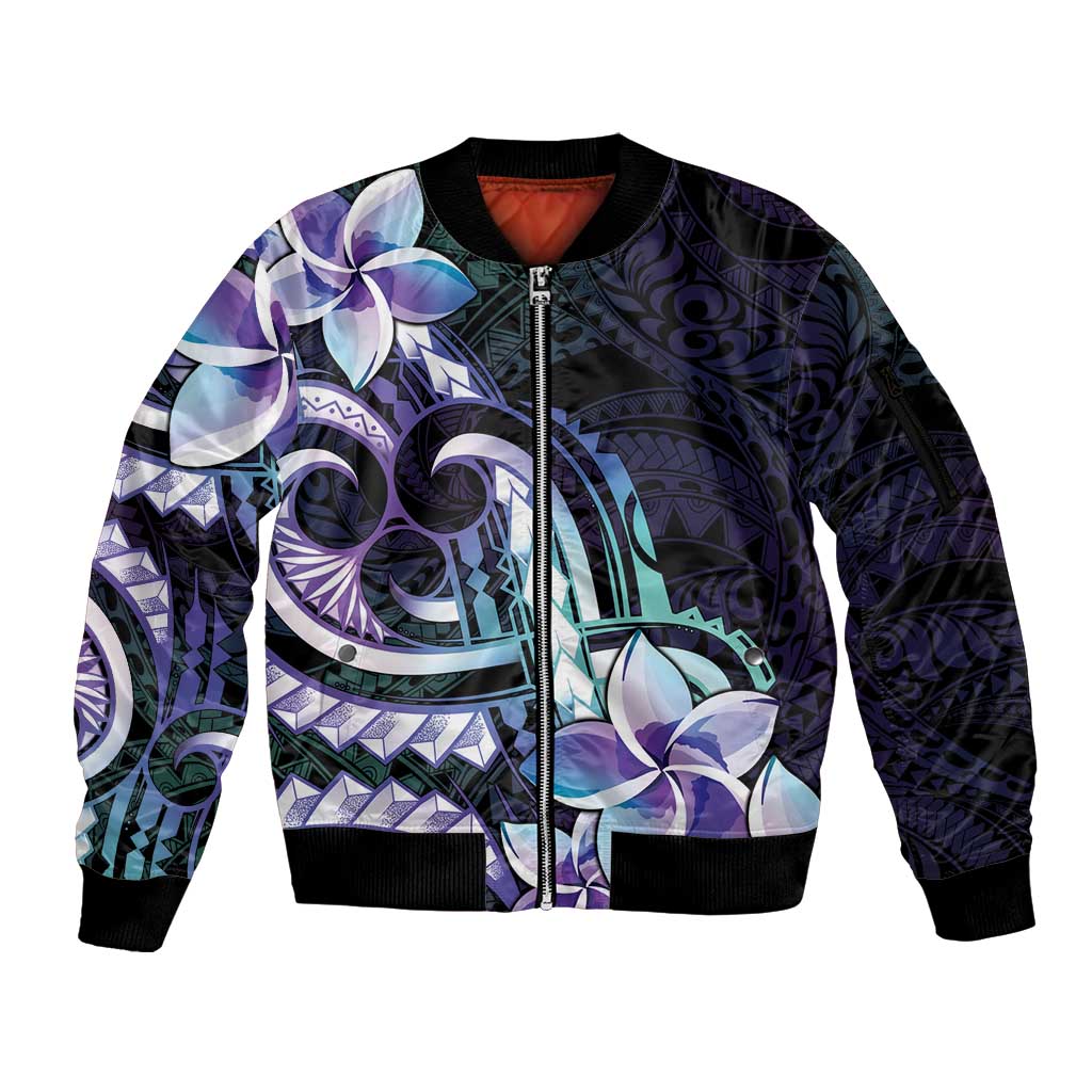 Polynesian Art Tattoo Sleeve Zip Bomber Jacket Plumeria Flowers Turquoise Gradient