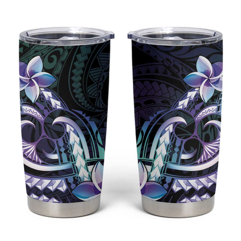 Polynesian Art Tattoo Tumbler Cup Plumeria Flowers Turquoise Gradient