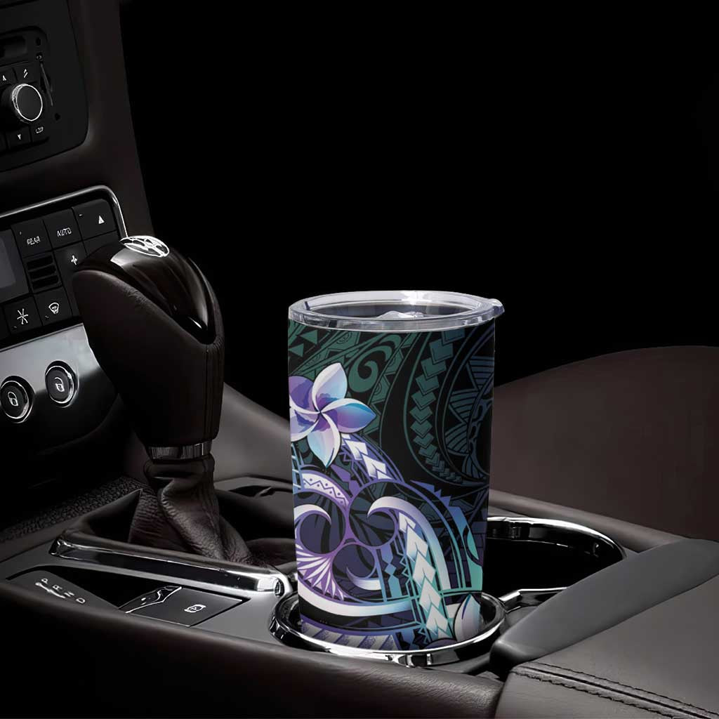 Polynesian Art Tattoo Tumbler Cup Plumeria Flowers Turquoise Gradient