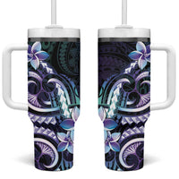 Polynesian Art Tattoo Tumbler With Handle Plumeria Flowers Turquoise Gradient