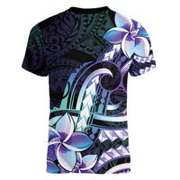 Polynesian Art Tattoo Women V-Neck T-Shirt Plumeria Flowers Turquoise Gradient LT05 - Polynesian Pride