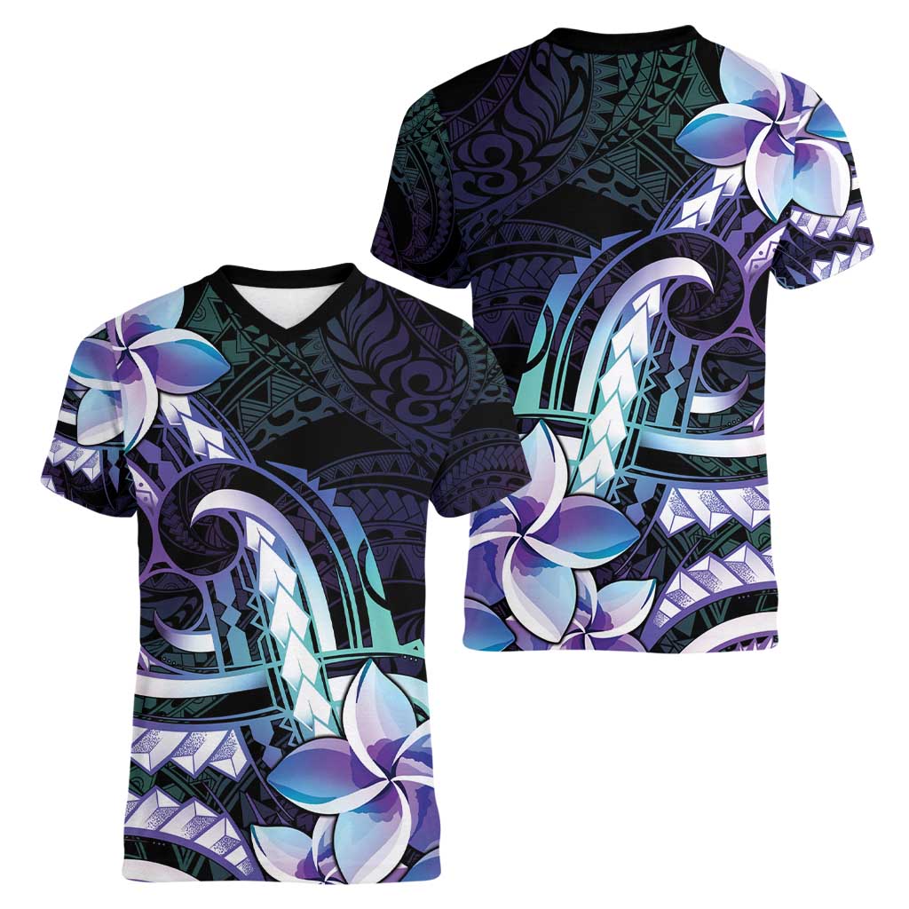 Polynesian Art Tattoo Women V-Neck T-Shirt Plumeria Flowers Turquoise Gradient LT05 - Polynesian Pride