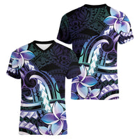 Polynesian Art Tattoo Women V-Neck T-Shirt Plumeria Flowers Turquoise Gradient LT05 - Polynesian Pride