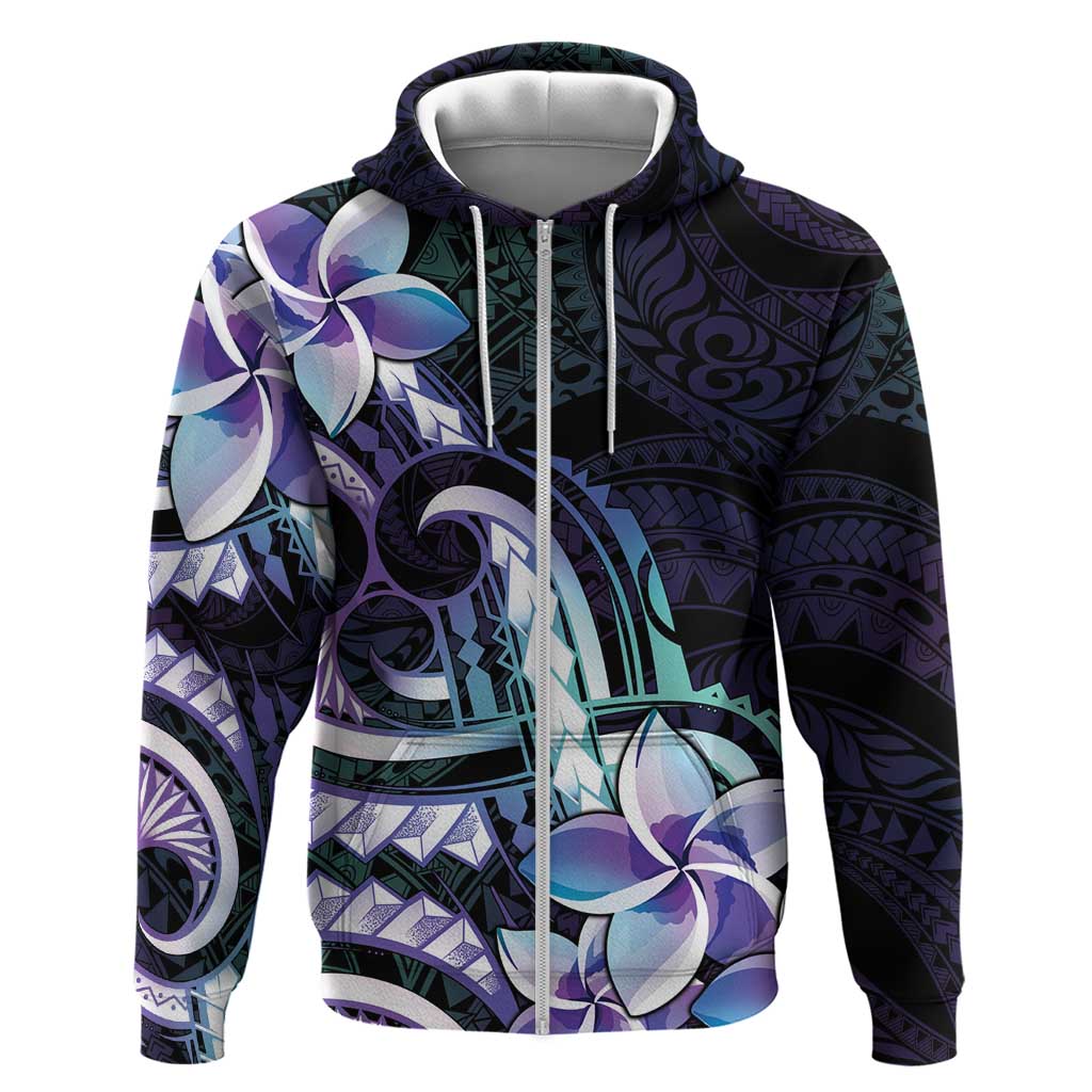 Polynesian Art Tattoo Zip Hoodie Plumeria Flowers Turquoise Gradient