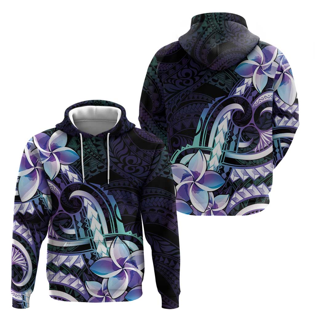 Polynesian Art Tattoo Zip Hoodie Plumeria Flowers Turquoise Gradient