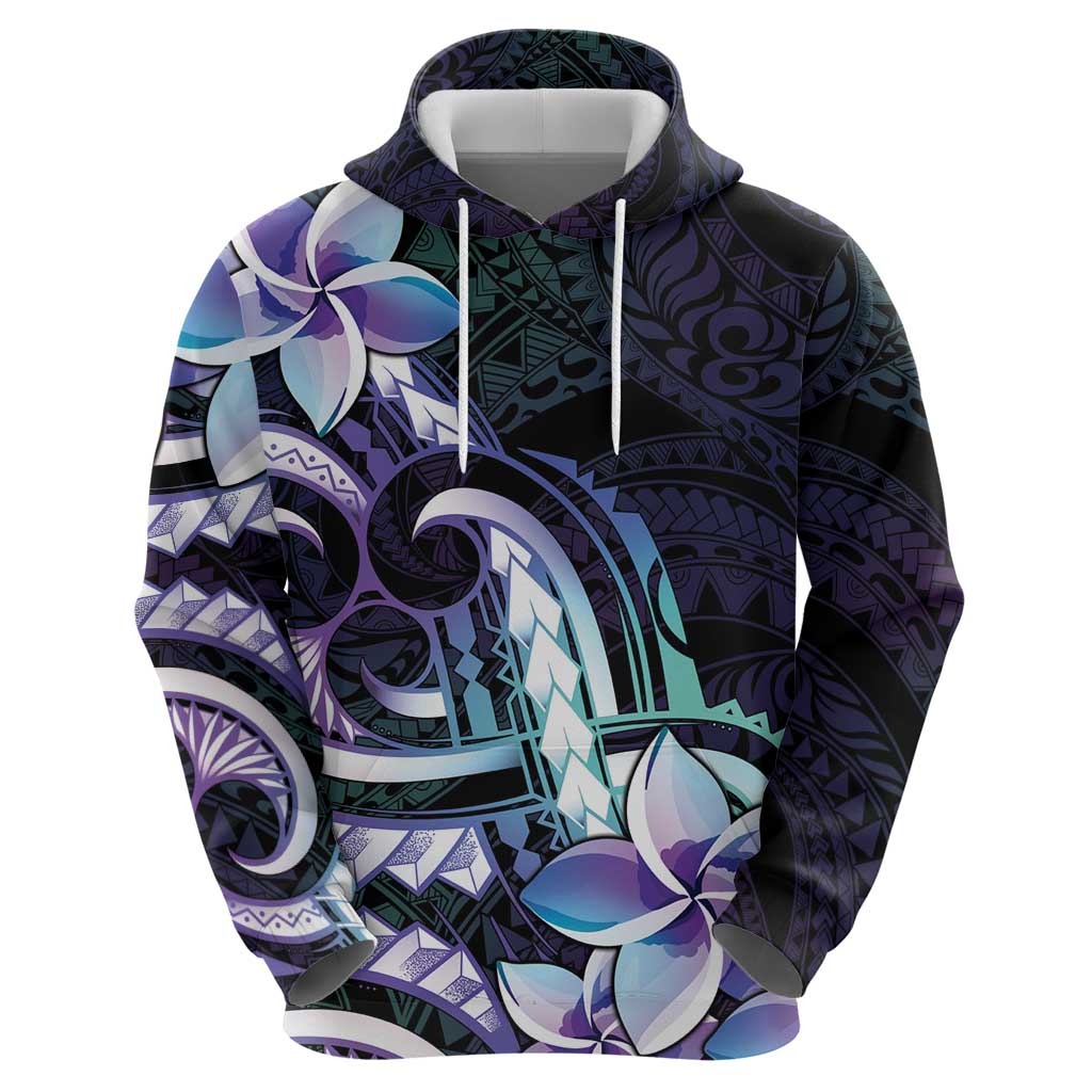 Polynesian Art Tattoo Zip Hoodie Plumeria Flowers Turquoise Gradient