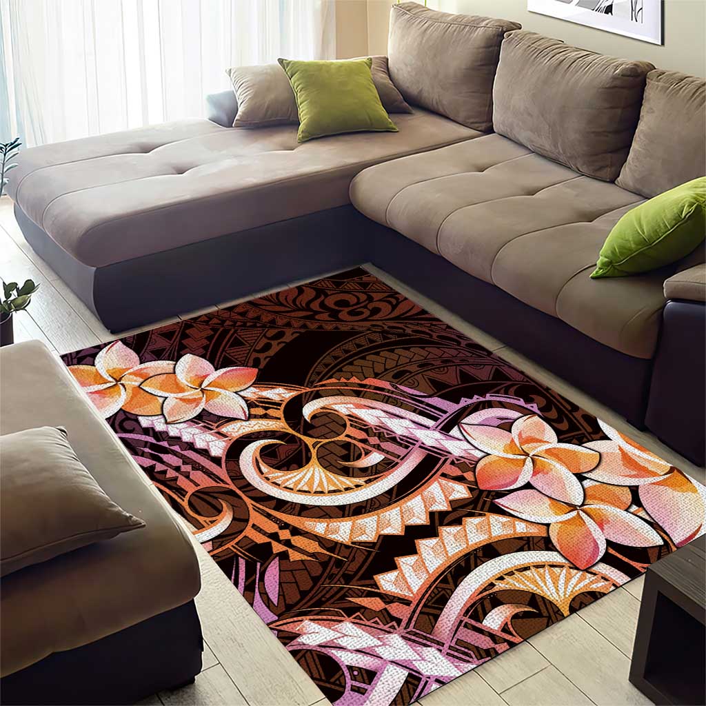 Polynesian Art Tattoo Area Rug Plumeria Flowers Peach Gradient