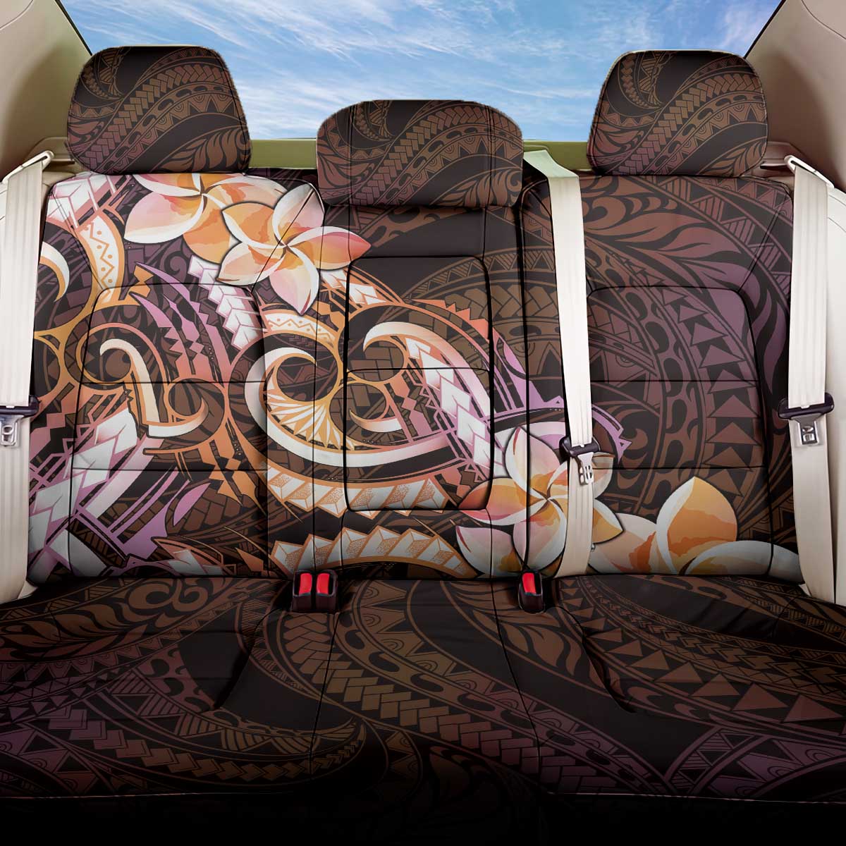 Polynesian Art Tattoo Back Car Seat Cover Plumeria Flowers Peach Gradient