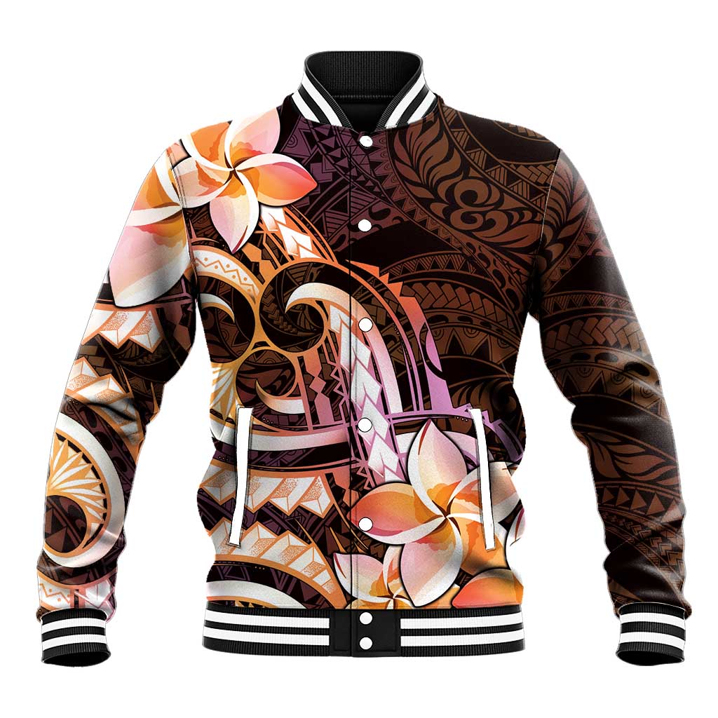 Polynesian Art Tattoo Baseball Jacket Plumeria Flowers Peach Gradient LT05 Unisex Peach - Polynesian Pride
