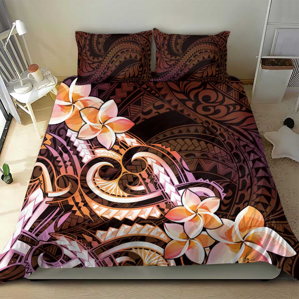 Polynesian Art Tattoo Bedding Set Plumeria Flowers Peach Gradient