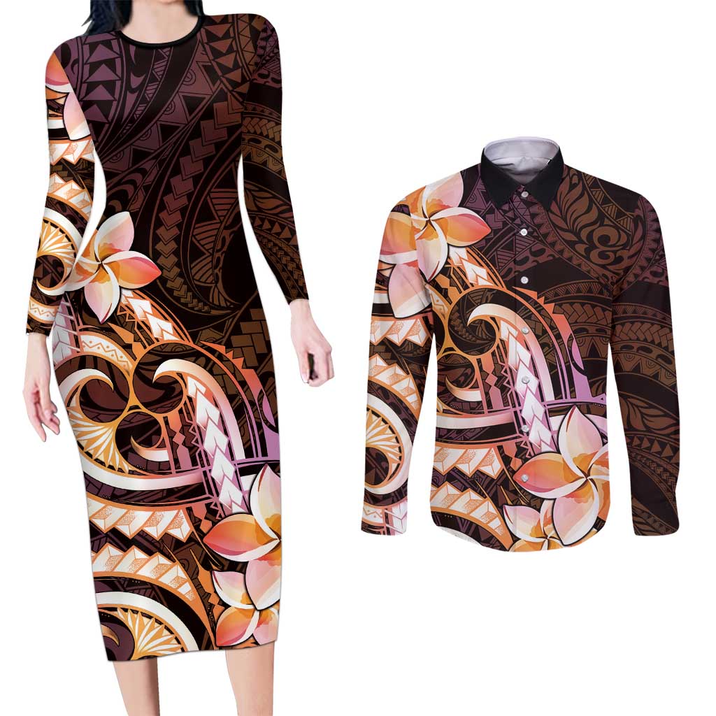 Polynesian Art Tattoo Couples Matching Long Sleeve Bodycon Dress and Long Sleeve Button Shirt Plumeria Flowers Peach Gradient
