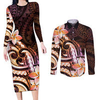Polynesian Art Tattoo Couples Matching Long Sleeve Bodycon Dress and Long Sleeve Button Shirt Plumeria Flowers Peach Gradient