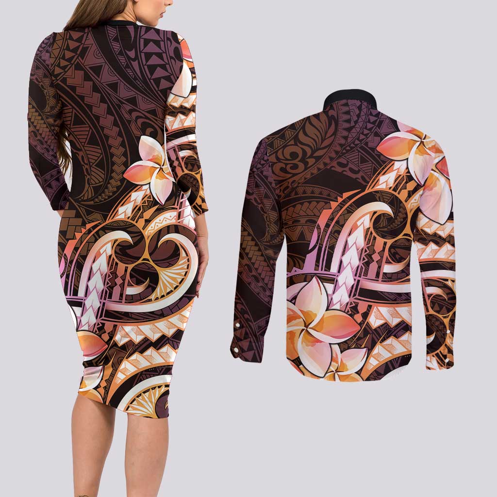 Polynesian Art Tattoo Couples Matching Long Sleeve Bodycon Dress and Long Sleeve Button Shirt Plumeria Flowers Peach Gradient